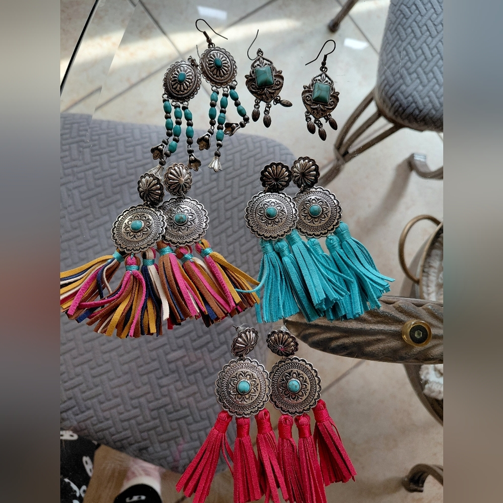 Lot Of Bohemian Tassel And Dangle  CONCHO RODEO Earrings  with Turquoise Accents